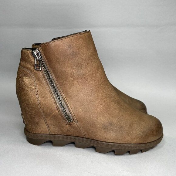 Sorel Booties Women's 7.5 Brown Leather Joan Of Arctic Wedge II Zip Ankle Boots - Picture 1 of 12
